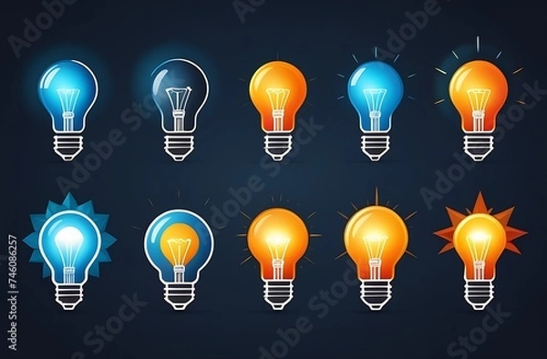 Obraz Set Of Light colorful Bulb Flat Icons. Collection Of Lighting Electric Lamps. Simple Pictograms, 10 Items. Graphic Design Elements. Creative Idea Sign, Solution, Innovation Concept. Blue background