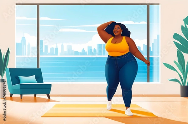 Fototapeta Body confident young woman dancing in sportswear, showing off her sportiness and flexibility. Fit plus size woman having fun as she expresses her body positivity in a studio