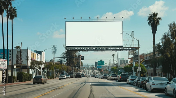 Fototapeta Sunny Day on a Bustling City Street with Empty Billboard and Palm Trees