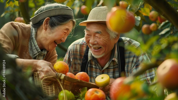 Fototapeta Photo of elderly couple smiling picking fruits in the garden