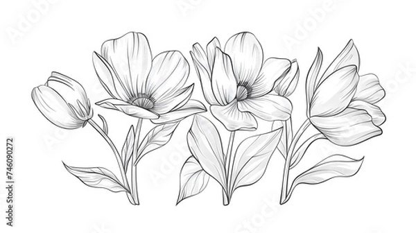 Fototapeta Hand drawn flower continuous. Spring flower with leaves. Botanical decorative drawing element