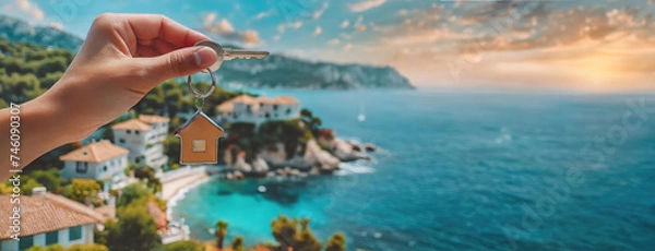 Fototapeta Hand holding house keys against a coastal village backdrop. New home ownership is highlighted with a stunning seaside view. Panorama with copy space.