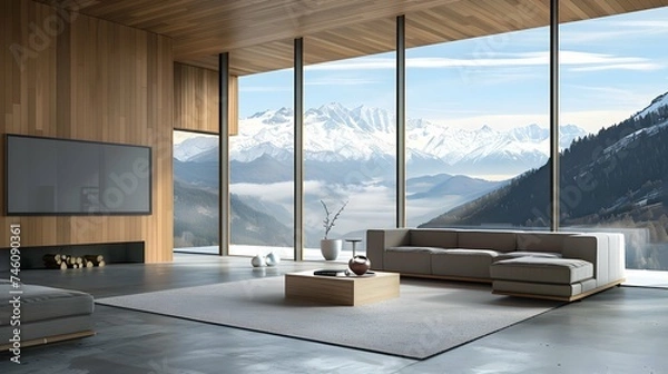 Fototapeta Interior of modern living room with wooden walls, concrete floor, panoramic window and Mountain View