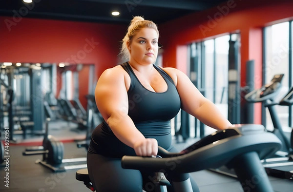 Fototapeta girl plus size women in sports bras walking and running on the treadmill weight loss and exercise in the gym