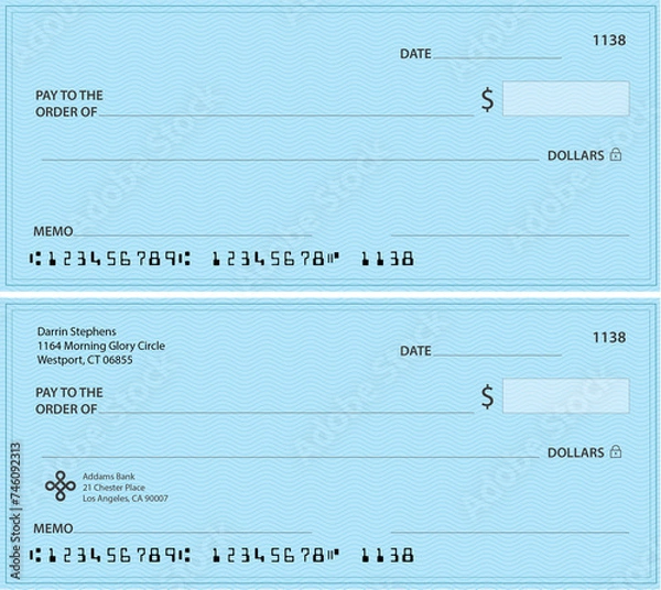 Fototapeta Blank template of the bank check. Checkbook cheque page with empty fields to fill