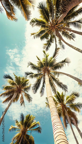 Fototapeta Palm trees seen from the ground on the beach. AI render.