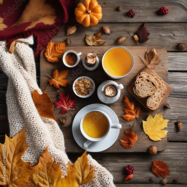 Fototapeta Closeup photo of a nutritious breakfast spread across a rustic wooden board. Scattered autumn leaves and a cozy hand-knit scarf suggest a crisp fall morning.