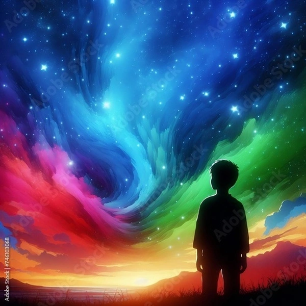 Fototapeta Silhouette of a boy looking at the rainbow-colored starry sky Generative AI