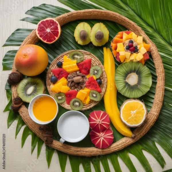 Fototapeta Closeup photo of a nutritious breakfast featuring exotic fruits and spices presented on a woven palm leaf tray, suggesting a tropical setting.