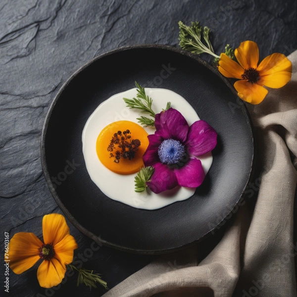 Fototapeta Closeup photo of a nutritious breakfast presented on a dark slate board with vibrant edible flower garnishing the dish.  A linen napkin and minimalist setup complete the setting.