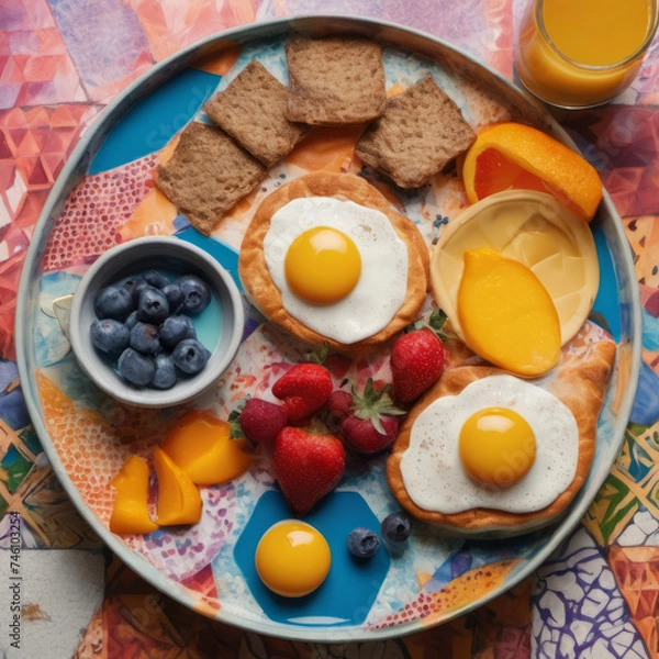 Fototapeta Closeup photo of a nutritious breakfast on a colorful ceramic serving board. 
