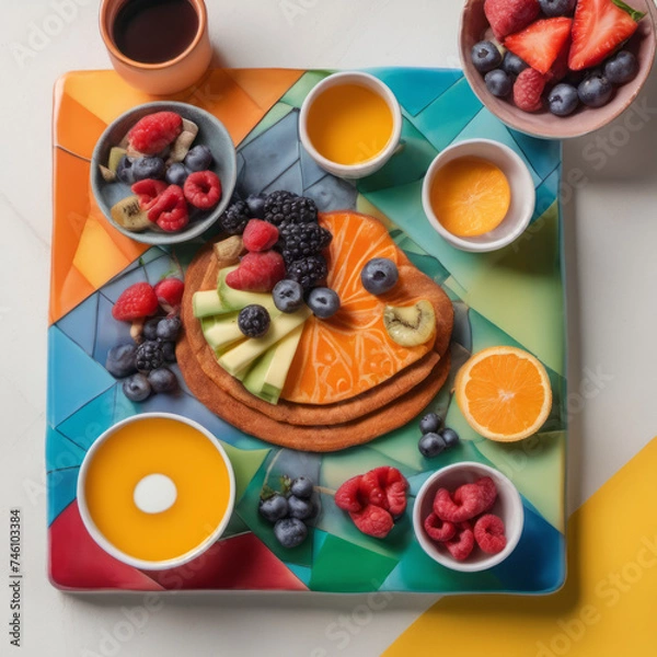 Fototapeta Closeup photo of a nutritious breakfast on a colorful ceramic serving board. 