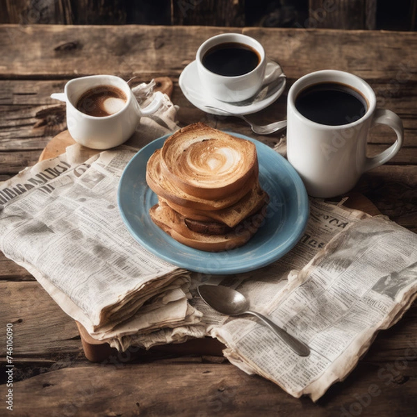 Fototapeta Closeup photo of a nutritious breakfast on a vintage wooden board with newspaper underneath

