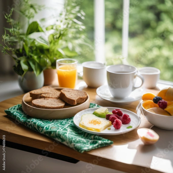 Fototapeta Closeup photo of a nutritious breakfast on a wooden board with a window on background.