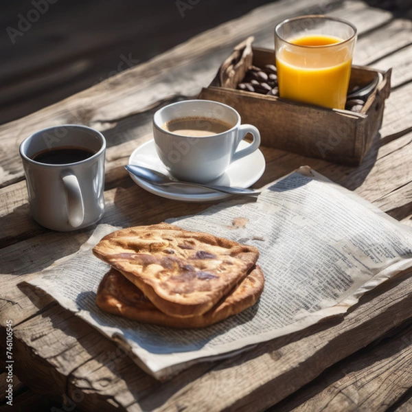 Fototapeta Closeup photo of a nutritious breakfast on a vintage wooden board with newspaper underneath
