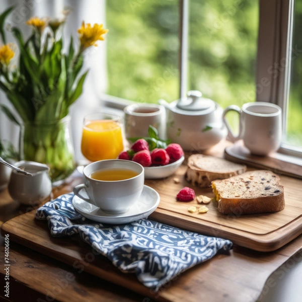 Fototapeta Closeup photo of a nutritious breakfast on a wooden board with a window on background.
