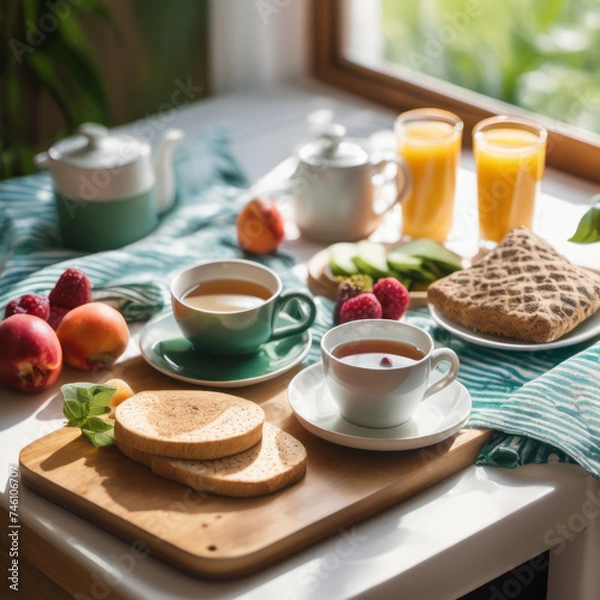Fototapeta Closeup photo of a nutritious breakfast on a wooden board with a window on background.