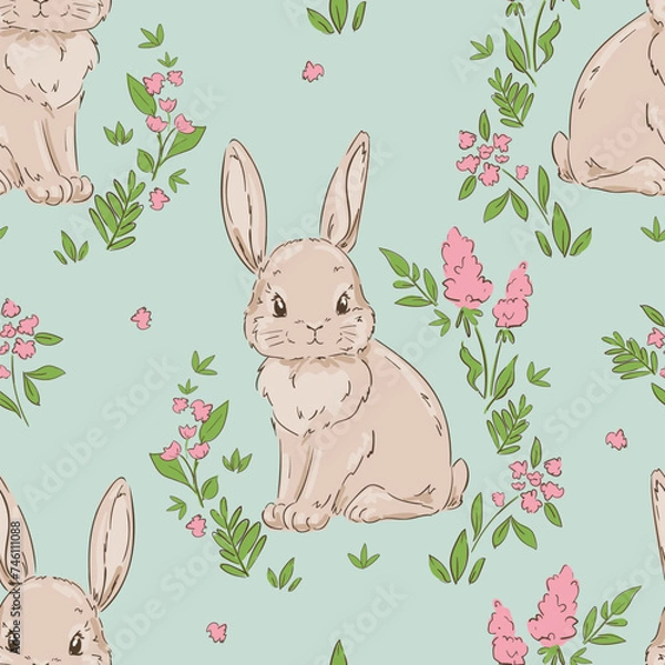 Fototapeta Hand Drawn Cute Rabbits and Flower background vector seamless, Little Bunny pattern Kids print.