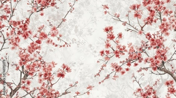 Fototapeta a cherry blossom oil painting spread across a white background, the delicate beauty of cherry blossoms, creating an enchanting and immersive visual experience. SEAMLESS PATTERN.