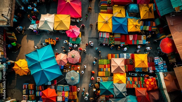 Fototapeta An aerial view of a vibrant night market bustling with activity under a canopy of brightly colored umbrellas, illuminated by glowing lights (3)