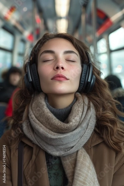 Fototapeta One brunette woman wearing headphones with closed eyes and smile on her face stand inside subway listening music.
