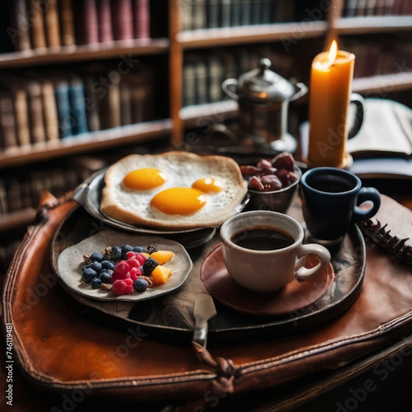 Fototapeta Closeup photo of a nutritious breakfast on a worn leather-bound tray. The scene is set in a dimly lit library with shelves of books in the background.
