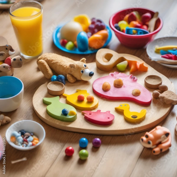 Fototapeta A playful breakfast scene unfolds in a child's bedroom, a nutritious meal displayed creatively on an animal-shaped wooden board, a perfect subject for a closeup photo amidst the colorful backdrop of t