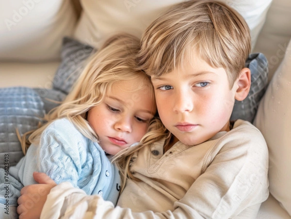 Fototapeta Closeup portrait of young blond boy and girl, brother and sister, looking sad and scared and hugging each other for comfort..  