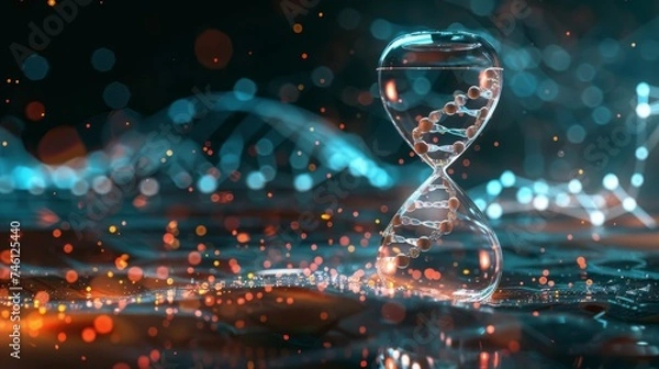 Obraz An hourglass intertwined with a DNA helix against a backdrop of digital bokeh symbolizes the complex relationship between time and genetics. It's a modern representation of aging and life's continuum.