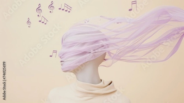 Fototapeta A faceless mannequin with swirling purple cloth and musical notes in a gentle flow