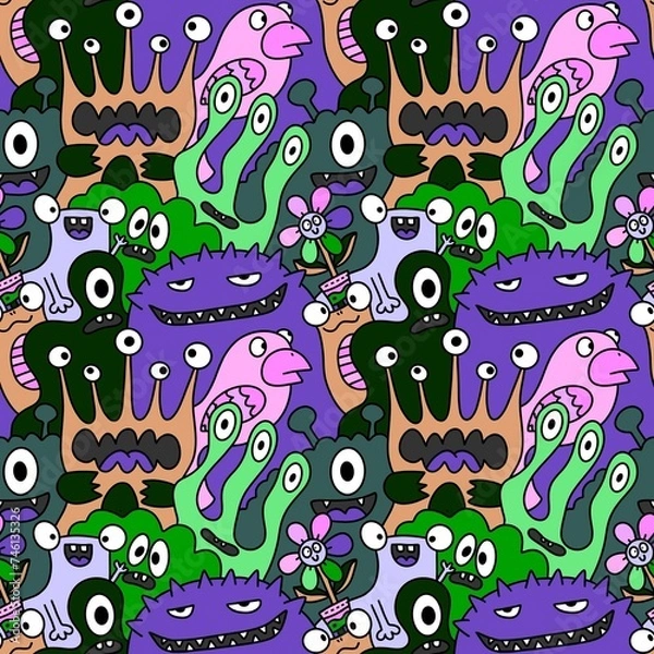 Fototapeta Cartoon monsters seamless funny aliens and rabbit and cactus and flower pattern for wrapping paper and linens