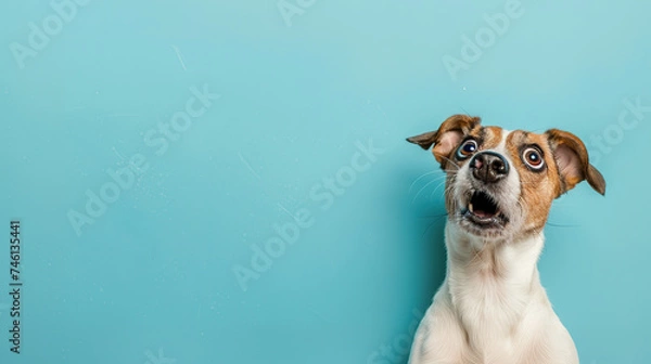 Fototapeta Funny dog face of jack russell terrier isolated on light pastel background with copy space the side. Shocked and surprised face.