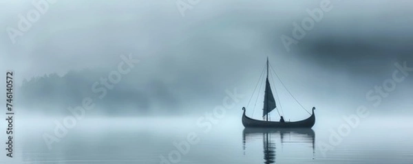 Fototapeta Viking Longship at Sea A Viking longship sails through misty northern waters captured with minimal atmospheric lighting and photorealistic details to evoke the eras rugged essence