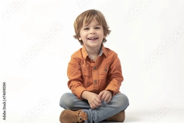Obraz portrait with white background of a smiling 3 year old boy in orange shirt