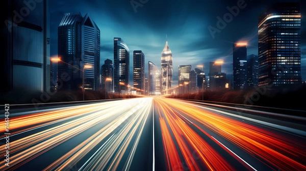 Obraz Abstract speeding motion blurred city and light trails, 3D rendering