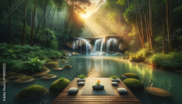 Obraz Tranquil forest waterfall with meditation space and yoga mats.