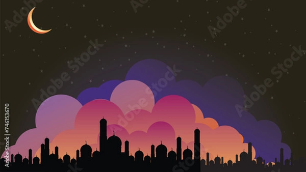 Fototapeta Ramadan kareem vector illustration, ramadan holiday celebration background, Mosque Under the Aurora