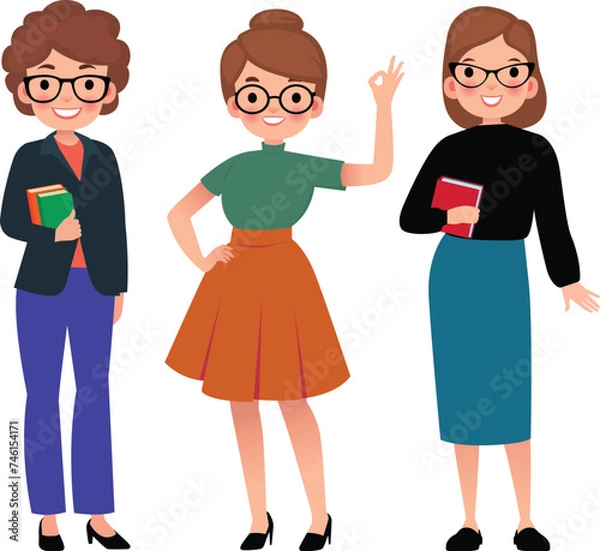 Fototapeta Set of vector cartoon women teacher in different poses Stock Illustration