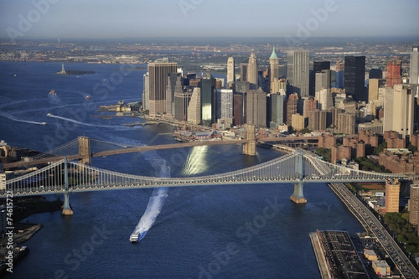 Fototapeta Aerial view of Lower Manhattan, Brooklyn Bridge, Manhattan Bridg