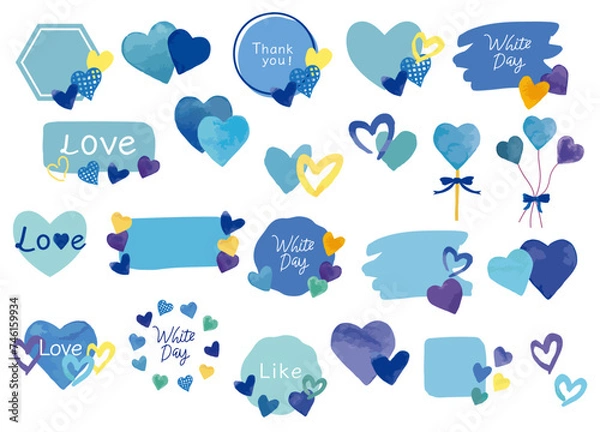 Obraz ホワイトデー 水彩で描いた青系のハートのタイトル素材セット