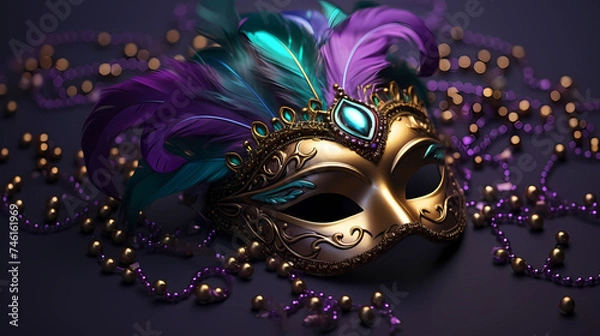 Fototapeta Top view of ornate Venetian carnival mask