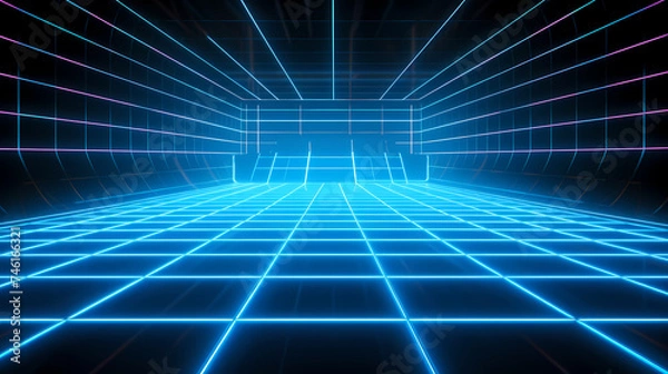 Fototapeta Perspective grid abstract retro background, cyberspace grid