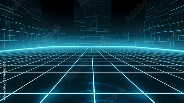 Fototapeta Perspective grid abstract retro background, cyberspace grid