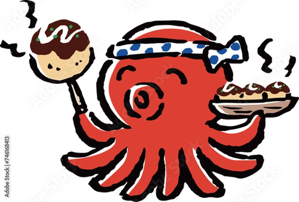 Fototapeta たこ焼き屋さんのタコのキャラクター　筆タッチイラスト