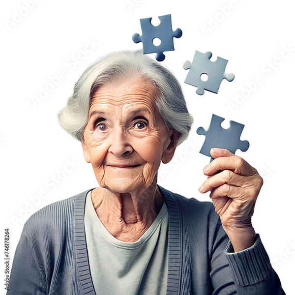 Fototapeta The concept of Alzheimer's disease, An elderly woman, symbolic puzzles, holding the brain, World mental health, Memory loss, dementia, Parkinson's disease