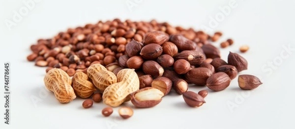 Obraz A collection of peanuts with skin and bean pods from South Korea are stacked neatly on a pristine white table, creating a striking contrast. The nuts appear fresh and inviting, ready to be enjoyed.