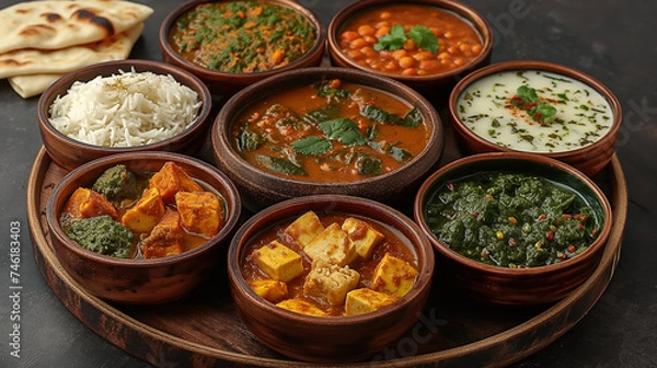 Fototapeta Assorted various Indian food on a dark rustic background. Traditional Indian dishes Chicken tikka masala, palak paneer, saffron rice, lentil soup, pita bread and spices. Square photo.Top view