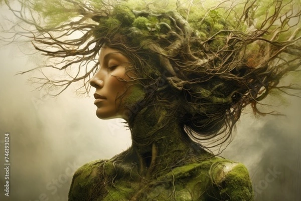Fototapeta Portrait of mother Earth with tree roots and plants. International Mother Earth Day. Environment and conservation concept. Environmental problems and protection. Caring for nature and ecology