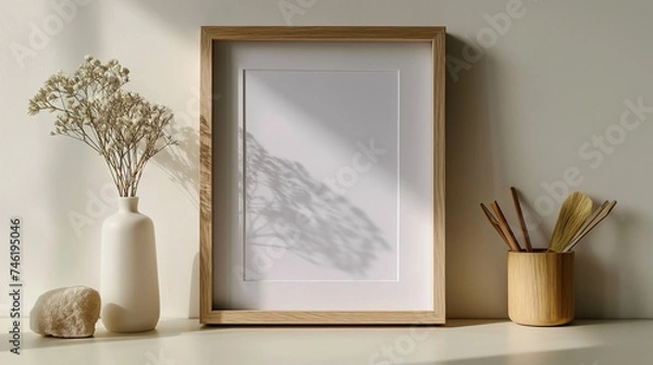 Fototapeta Vertical frame for mockup. Minimal room interior with mock up photo frame.
