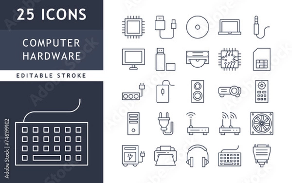 Obraz Computer hardware icons set. Device, hard disk, usb, pc, processor. Vector illustration. editable stroke